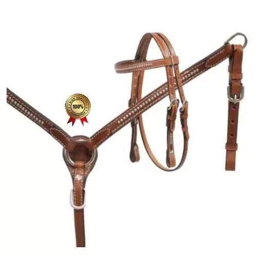Western Leather Headstall & Breast Collar With Silver Stud Free Reins
