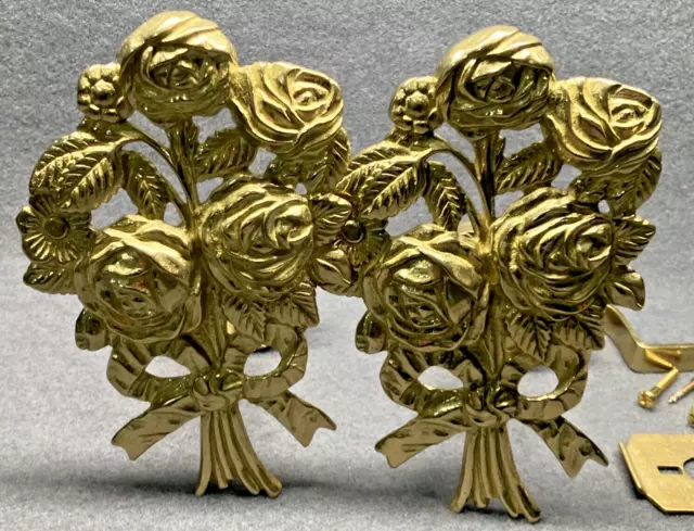 Vintage Pair Brass Rose Curtain Tiebacks Wall Hooks Robe Towel Floral Set 2lbs