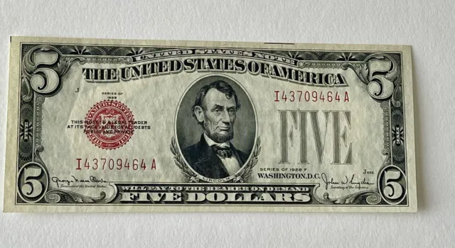 1928 F $5 Legal Tender Red Seal Currency Ia Block Crisp Au