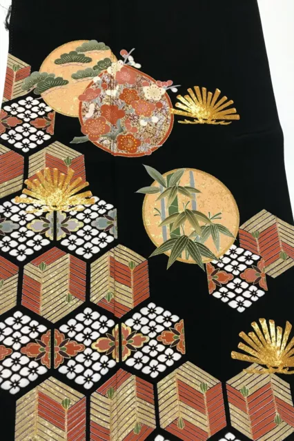 @@Japanese vintage kimono/ tomesode black silk fabric/ plum blossom, bamboo A61