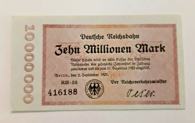 Deutsche Reichsbahn 10 Millionen Mark Berlin 1923 Banknote (10866)