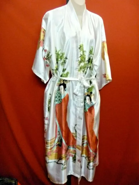 Vintage White Satin Oriental Geisha Chinese Kimono Robe Coat OneSize Belted coat