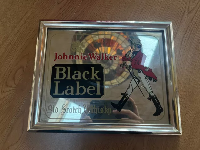 VTG Johnnie Walker Black Label Scotch Whiskey Sign Mirror Wood Framed