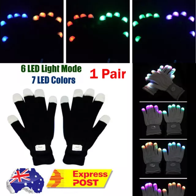 Pair Rainbow Flow LED Light Black Gloves Rave Party Glow Games Night Fun 7 Modes