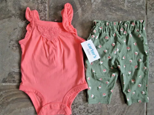 NWT Carters 3 month Set Baby Girl Coral Pink Tank Top w/Pants Ruffle Suit Floral