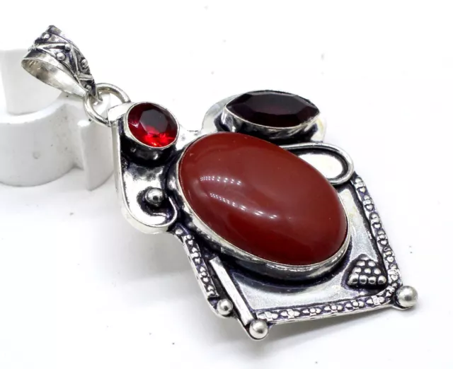 925 Sterling Silver Carnelian & Garnet Gemstone Jewelry Pendant Size-2.10