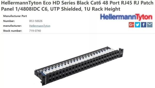 Hellermann Tyton Category 6 ECO-HD 48 Port Patch Panel, 1U, Black - NEW