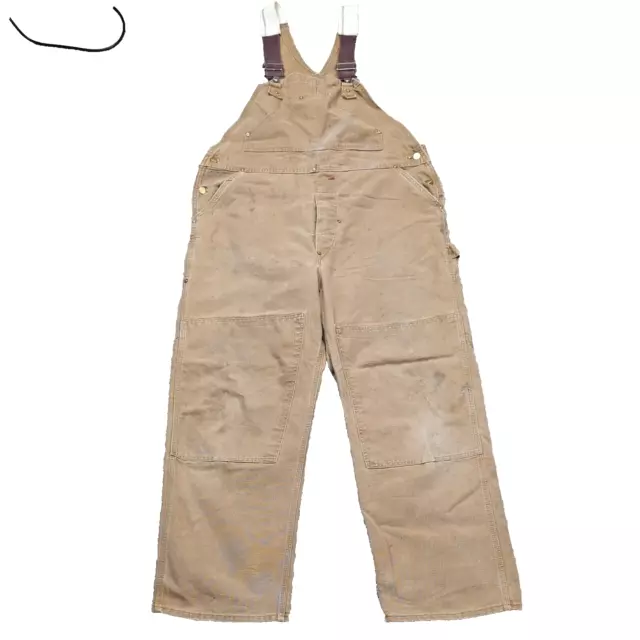 VTG 80s Carhartt Bib Overall Mens 42 Brown Duck Canvas Double Knee Made in USA