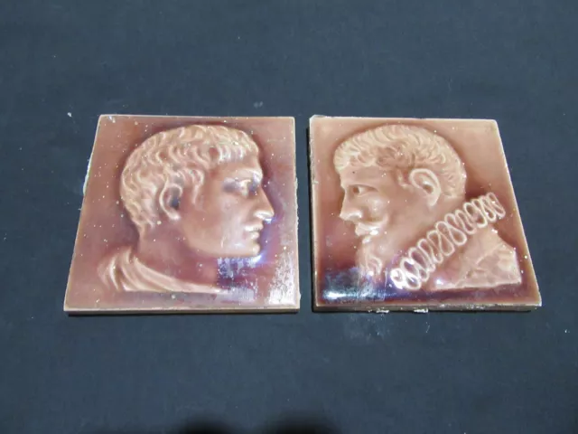 ~ Pair Of Antique Victorian Portrait Tiles ~ 4.25 Square ~ Architectural Salvage