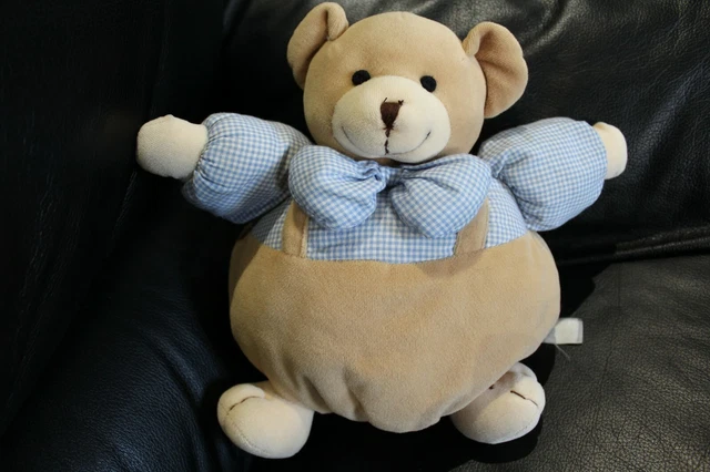 Doudou peluche ours boule marron vichy bleu blanc 26 cm grelot