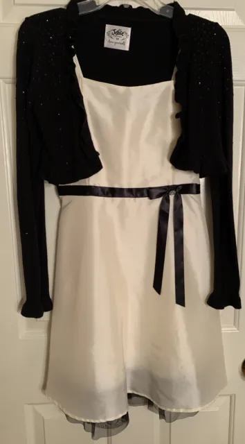IZ Byer Holiday 2pc Dress & Bolero Sweater Set Cream Black Satin Girls Sz 14