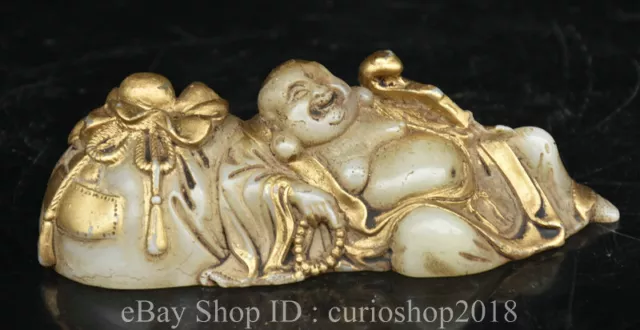 6 " Old Chinese White Jade Gilt Buddhism Happy Laugh Maitreya Buddha Statue