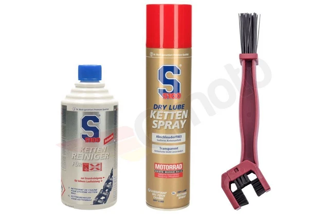 Spray catena S100 Dry Lube 500 ml + detergente catene S100 400 ml m. spazzola catena