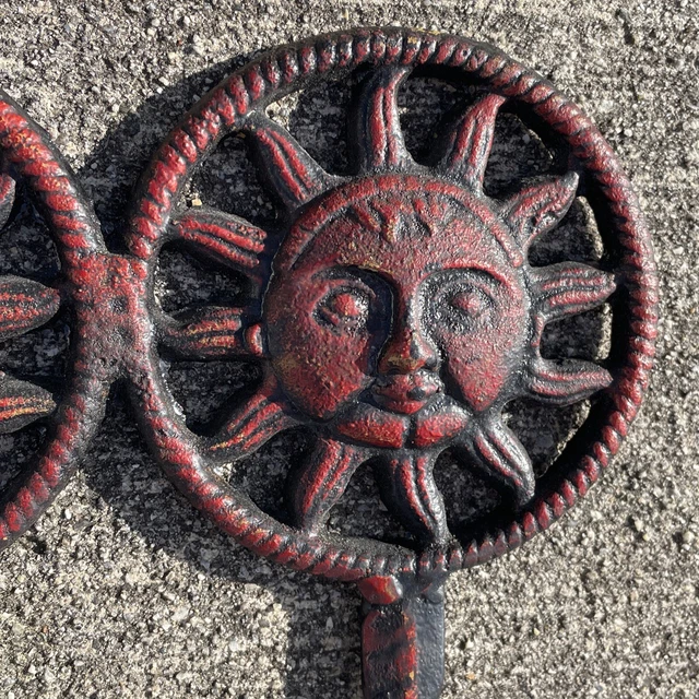 Red Wrought Iron Cast SUN CELESTIAL Double Hook Coat Wall Rack Vintage❤️blt7j1 7