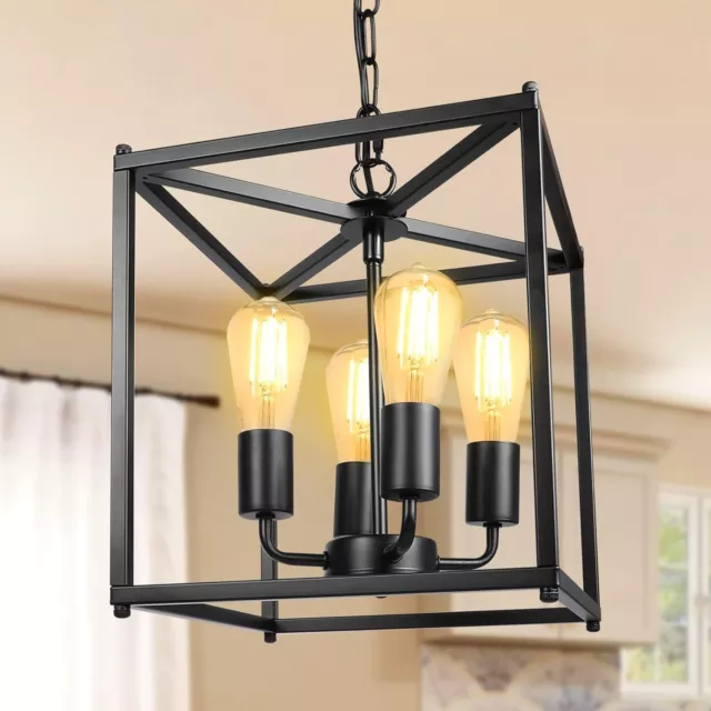 4-Light Black Farmhouse Chandelier Iron Lantern Pendant Rustic Cage Adjustable H