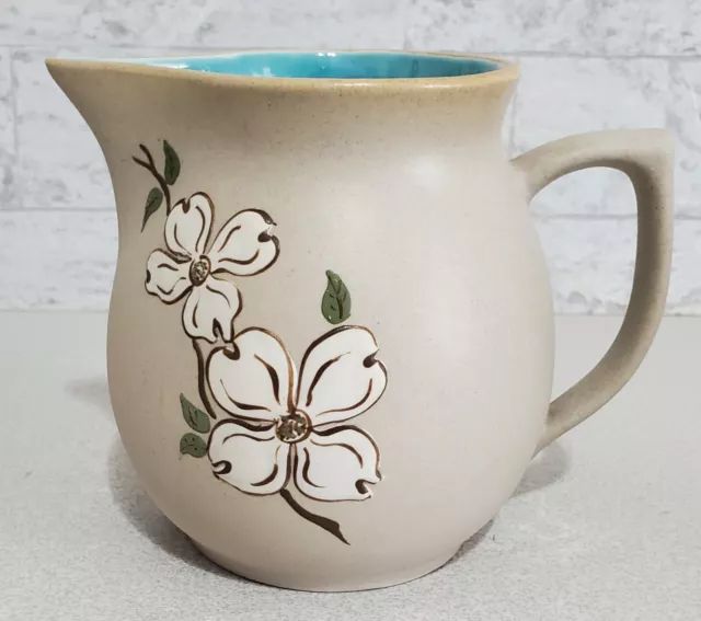 Pigeon Forge Pottery Tenn  Dogwood Flowers with Aqua Blue Interior Pitcher