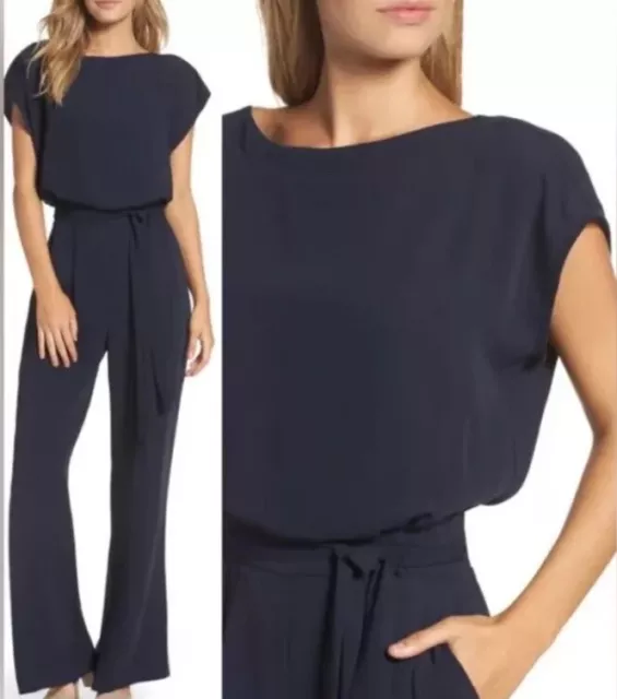 Eliza J Size 8 Black Belted Tie Waist Bateau Neck Cap Sleeve Wide Leg Jumpsuit