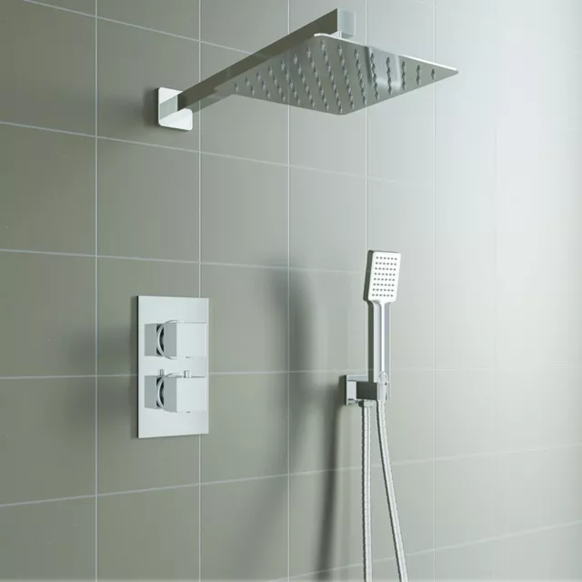 Aica Concealed Thermostatic Shower Mixer Square Chrome Bathroom Twin Head Valve