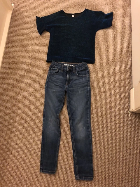 Pacchetto vestiti bambina età 7 anni blu reale scintillante top, denim skinny