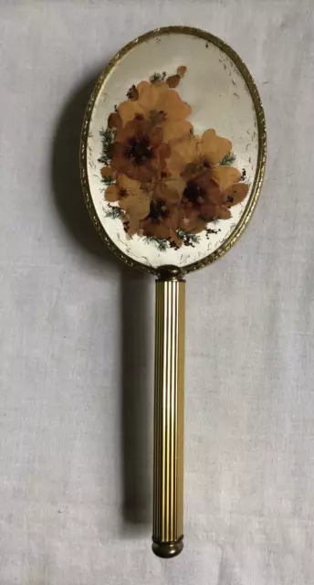 VINTAGE Womans Vanity Dressing Table Gold Tone Hair Brush  Dried Flowers Ornate