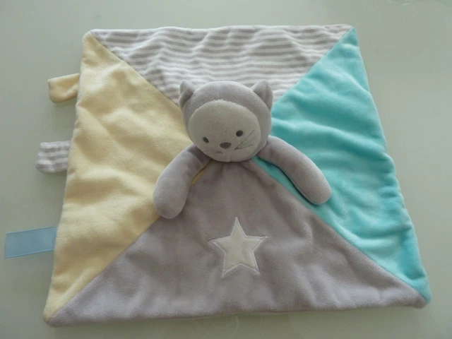 43. Doudou Plat Obaibi Okaidi Chat Bleu Jaune Gris Raye Blanc Etoile - Neuf