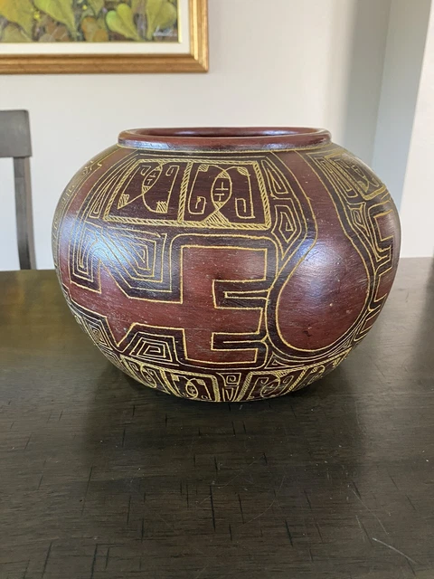 Vintage Hand Made painted Design Clay Pot Pottery No Cracks Made In Brazil