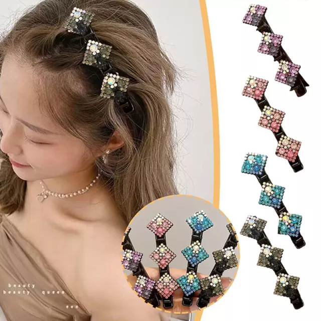 3PCS Floreale Clip Cristallo Pietra Intrecciato Capelli Doppio Botto Forcina❤ -
