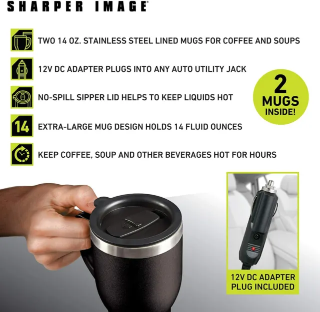 SHARPER IMAGE 14 oz Stainless Steel Heated Travel Mug with adapters. 8