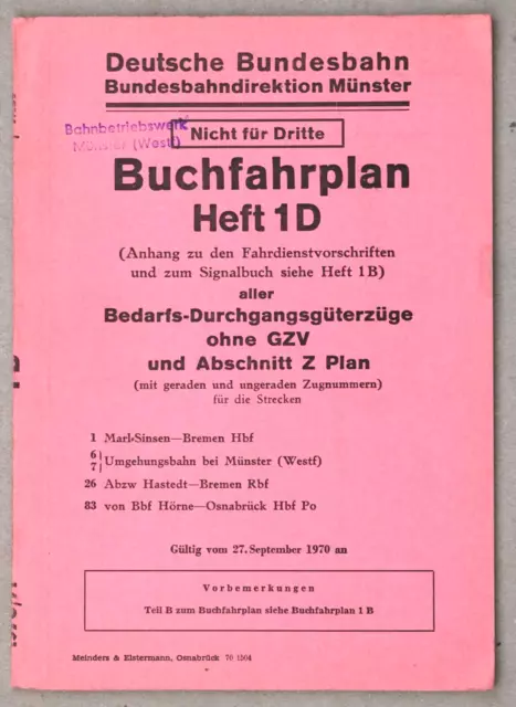 Deutsche Bundesbahn - Buchfahrplan Heft 1D BD Münster 1970/71