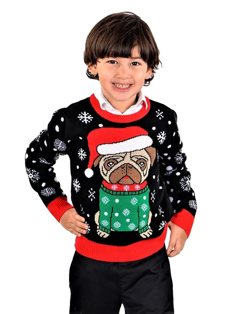SoCal Look Boys Ugly Christmas Sweater Bah Hum Pug Pullover Black