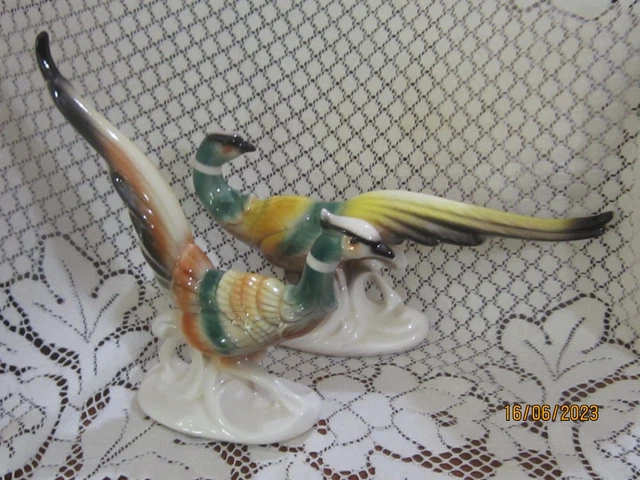 Vintage Pair of Royal Copley Porcelain Ring Neck Pheasants Figurines