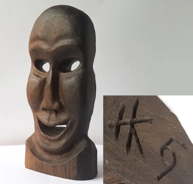 African Wooden Head - Handmade Sculpture Signed N861
