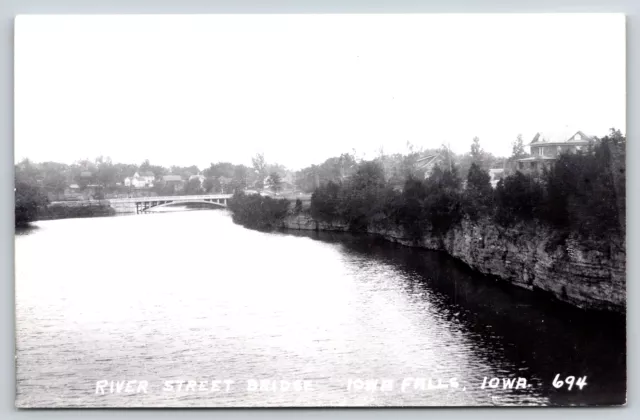 Iowa Falls IA~River Street Bridge~Houses Beyond on Hill~c1950 RPPC