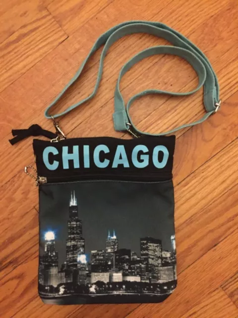 Robin & Ruth Chicago Cross Body Bag Purse Black Blue Night Skyline Adjust Strap