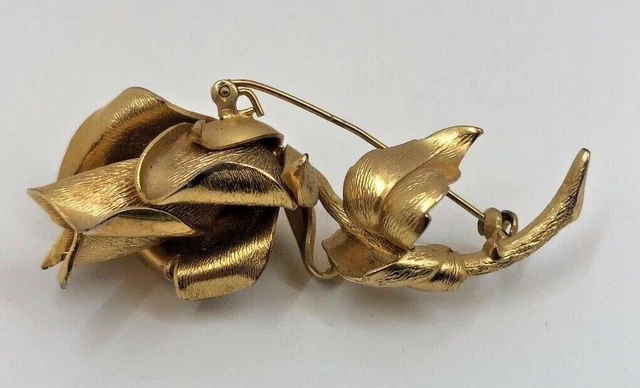 Flower Rose Bud Pin Brooch Vintage Gold Tone Ladies Badge