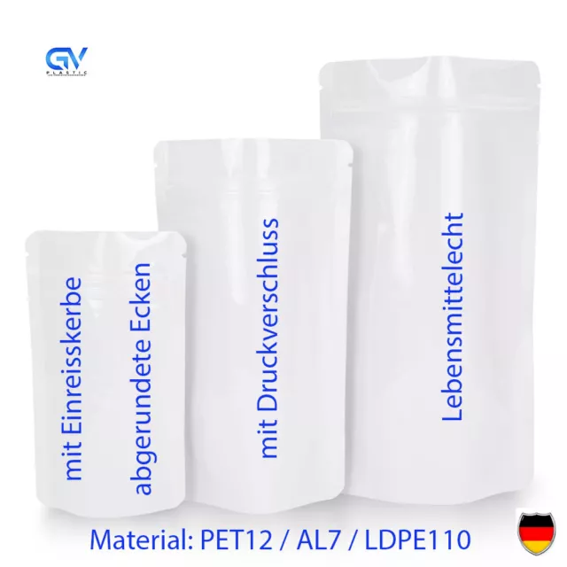 Standbodenbeutel Weiß  Doypack Lebensmittelecht Druckverschluss Tüte Zip