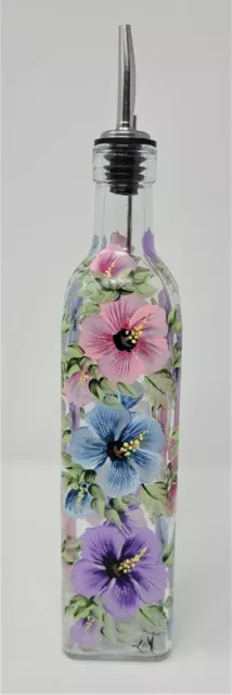 Oil Vinegar Glass Cruet Bottle Dispenser Multi-Colored Hibiscus Hand Painted