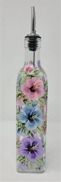 Oil Vinegar Glass Cruet Bottle Dispenser Multi-Colored Hibiscus Hand Painted Oil Vinegar Glass Cruet Bottle Dispenser Multi-Colored Hibiscus Hand Painted