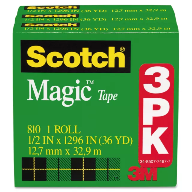 Scotch Magic Tape Refill 1/2" x 1296" 1" Core Clear 3/Pack 810H3