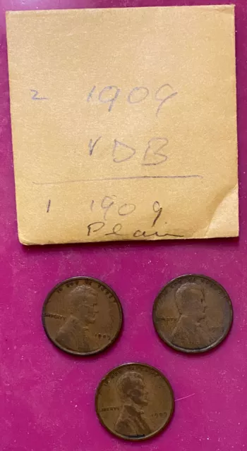 Lot of 3 1909 & 1909 VDB Lincoln Wheat Penny One Cent