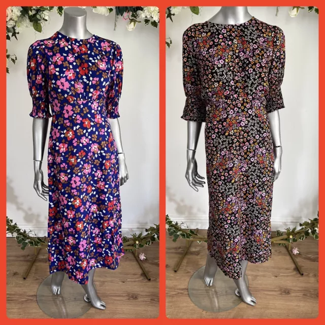 Influence Midi Floral Tea Dress Size 8 & 12 Black Blue Floral Slit Back MB21