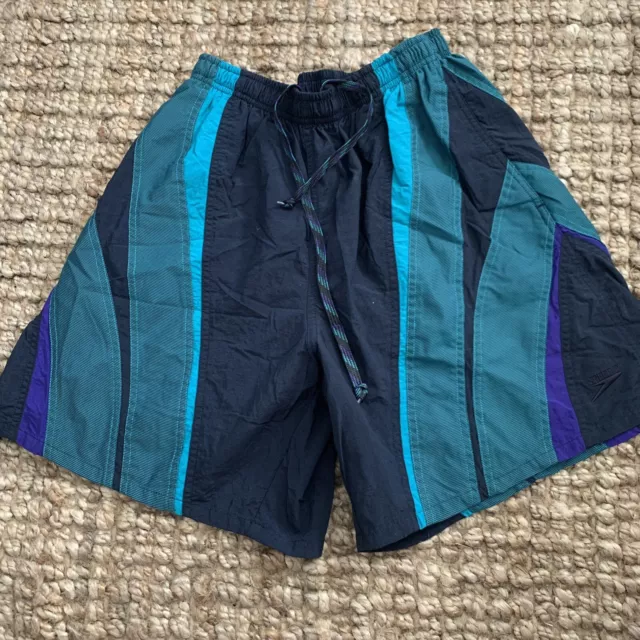 Vintage Speedo Mens Nylon Swim Trunks Sewn Panels Shorts Elastic Mesh Pockets