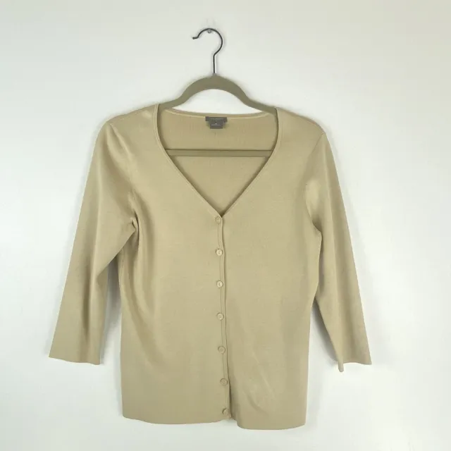 Ann Taylor Womens Medium Petite MP Silk Blend Cardigan Sweater Button Beige