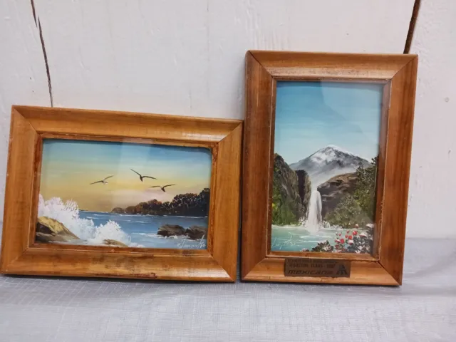 2 Original 80s Mini Oil Paintings Signed Beach Waterfall Mountains Mexico Finger