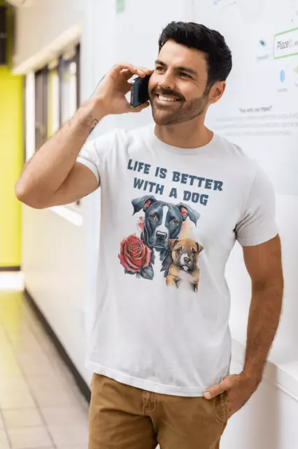 Life is Better with a Dog, Unisex T-Shirt, Pitbull and Puppy, Express Delivery a