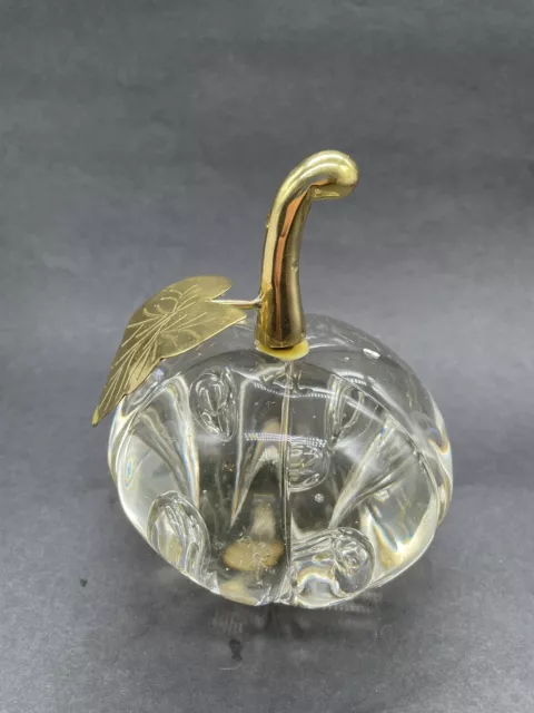 Vintage Glass Apple Paperweight Teacher Desk Gift Brass Leaf Stem- Bubbles