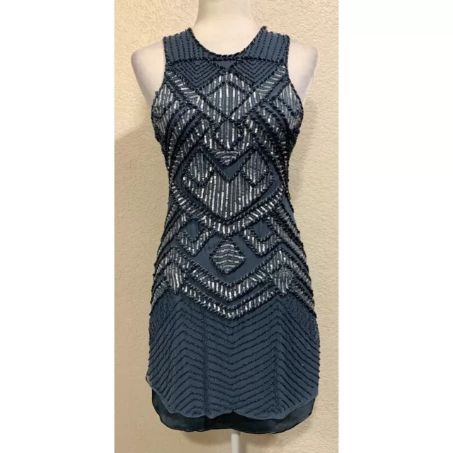 Parker NY Allegra Silk Beaded Sequin Blue Dress Womens M