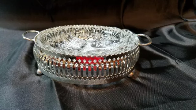 Vintage Pressed Clear Glass Condiment Dish W/ Silver Plated Tray England