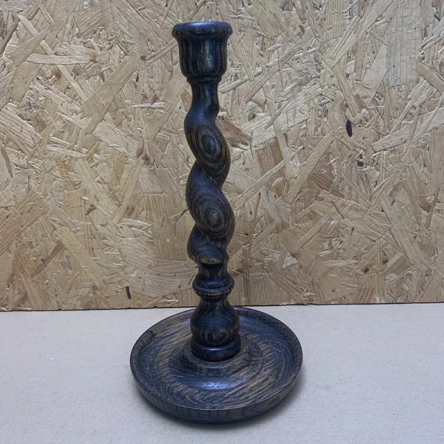 Vintage Carved Wood Barley Twist Candlestick with Drip Tray 10"