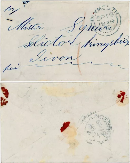 1849 COVER PLYMOUTH to KINGSBRIDGE ADDRESS + POSTMARKS ALL in BLUE